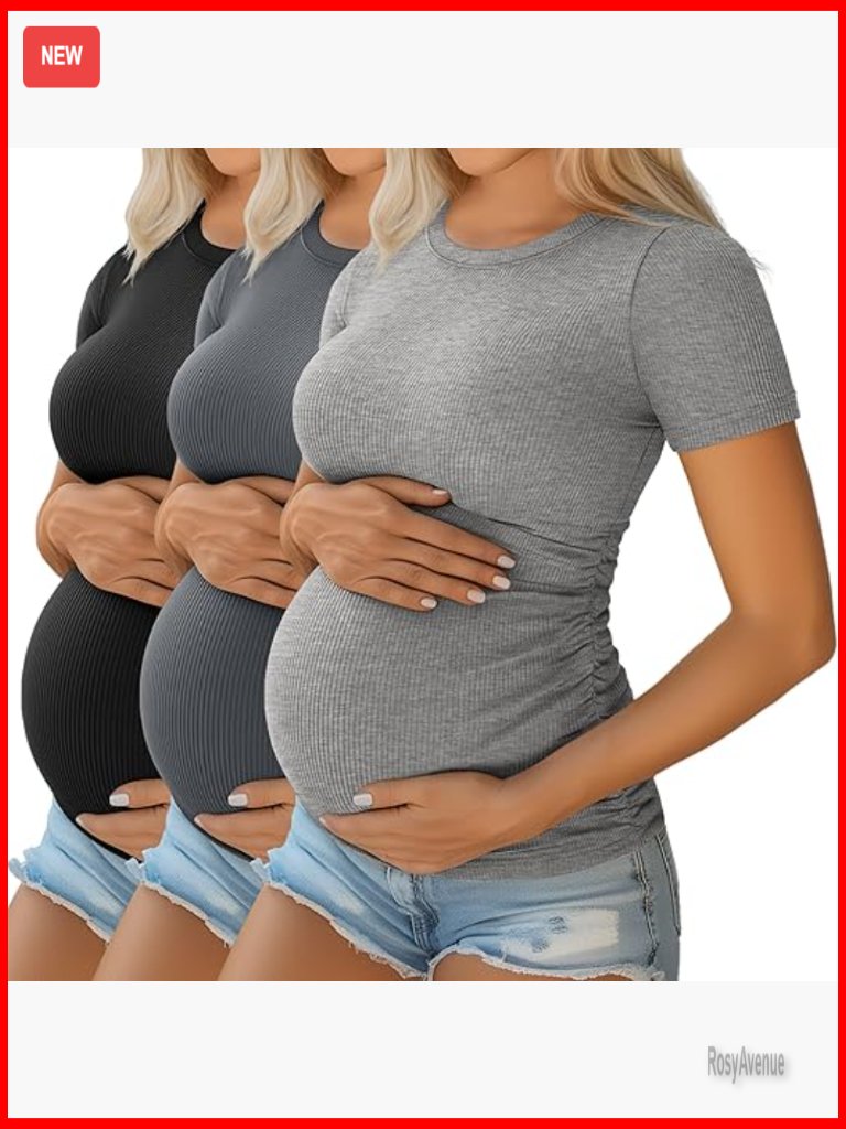 Maternity T-Shirts 3 Pack Cotton Spandex Side Ruched Ribbed Short Sleeve